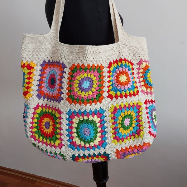 Crochet Granny Square Bag, Bohemian Style Bag, Knitting Shoulder Bag, Vintage Style Bag, Knitted Beach Bag, Crocheted Patchwork Handbags