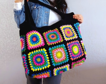 Crochet Bag, Granny Square Bag, Shoulder Bag for Women Colorful, Hobo Tote Bag Patchwork, Gifts-for-her-bag, Personalized Tote Bag
