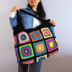 Sac au crochet, sac carré grand-mère, sac à bandoulière coloré pour femme, sac fourre-tout hobo en patchwork, sac de marché fini au crochet, sac fourre-tout personnalisé