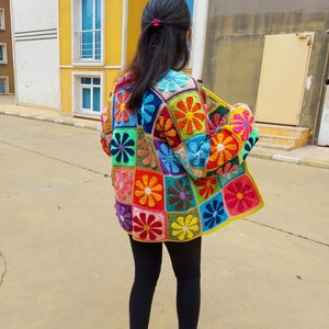 Crochet Granny Square Cardigan, Multicolor Patchwork Jacket, Crochet Boho Cardigan, Afghan Coat, Handknit Patchwork Sweater, Gift for her image 2