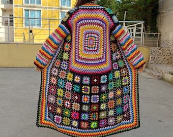 Crochet Patchwork Jacket, Long Granny Square Cardigan, Black Boho Jacket, Multicolor Patchwork Cardigan, Maxi Plus Sweater, Afghan Long Coat