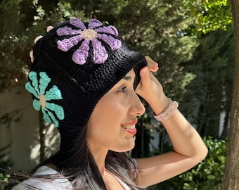 Granny Square Hat, Colorful Beach Hat, Bucket Hat, Floral Hat, Black Hat, for Women Hat, Patchwork Hat, Multicolor Hat, Festival Hat, Gift