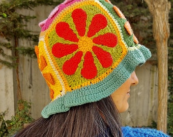 Granny Square Daisy Beanies: Crochet Colorful Hat, Handmade Concert Style