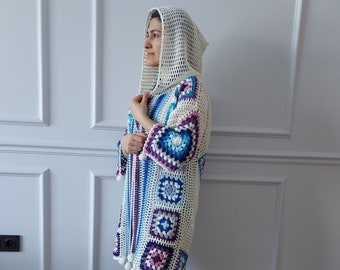 Crochet White Sweater, Hooded Granny Square Cardigan, for Women Patchwork Jacket, Long Afghan Coat, Crochet Boho Sweater, Gift for her