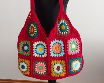 Crochet Granny Square Bag, Bohemian Style Bag, Knitting Shoulder Bag, Vintage Style Bag, Knitted Beach Bag, Crocheted Patchwork Handbags