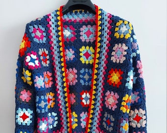 Crochet Granny Square Cardigan: Handmade Cotton Blend Patchwork Boho Jacket