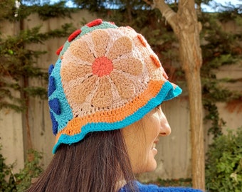 Crochet Granny Square Hat: Handmade Cotton Patchwork Festival Hat