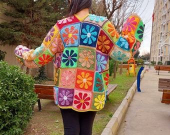 Crochet Granny Square Cardigan, Multicolor Patchwork Jacket, Crochet Boho Cardigan, Afghan Coat, Handknit Patchwork Sweater, Gift for her