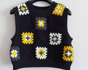 Crochet Sleeveless Sweaters, Granny Square Cotton Woman Wear Blouse, Boho Style Women's Top Wear, Knitted Patchwork Sweaters,  Gift for her