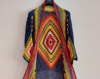 Oma-Square-Cardigan, gehäkelte lange Strickjacke, afghanischer Kimono-Mantel, Patchwork-Baumwolljacke, Oma-Square-Long-Cardigan, Sommer-Damenmode