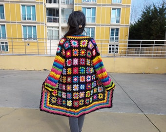 Crochet Granny Square Cardigan, Multicolor Patchwork Jacket, Crochet Boho Cardigan, Handknit Afghan Long Coat, Maxiplus Granny Sweater