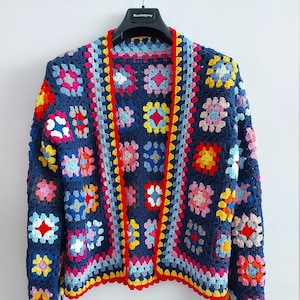 Crochet Granny Square Cardigan: Handmade Cotton Blend Patchwork Boho Jacket