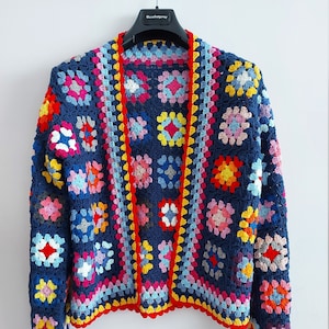 Crochet Granny Square Cardigan, Cropped Patchwork Jacket, Crochet Boho Coat, Granny Square Sweater, Afghan Multicolor Coat, Crochet Sweater