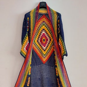 Granny Square Cardigan, Crochet Long Cardigan, Afghan Kimono Coat, Patchwork Cotton Jacket, Granny Square Long Cardigan, Summer Women's Wear
