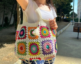 Bolso de Ganchillo, Bolso Cuadrado de la Abuela, Bolso de Hombro, Bolso Patchwork, Bolso Colorido, Bolso de Mujer, Bolso de Verano, Bolso Afgano, Bolso Boho, Bolso Cristamas Regalo