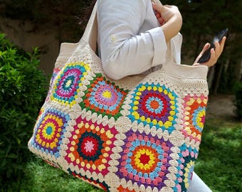 Granny Square Bag, Bright Summer Fashion, Crochet Handle Bag, Crochet Bag, Shoulder Bag, Granny Square Tote Bag, Handmade Crochet Bags Women