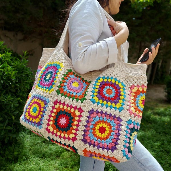 Handmade Crochet Granny Square Tote, Handbags for Woman, Top Handle Bags, Crochet Bag Handmade