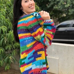 Crochet Multicolor Cardigan, Oversized Knitwear jacket, Wool Knitted Sweater, Boho multicolored Coat , Granny Square Cardigan, Gift for her image 2