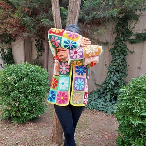 Crochet Granny Square Cardigan, Multicolor Patchwork Jacket, Crochet Boho Cardigan, Afghan Coat, Handknit Patchwork Sweater, Gift for her image 3