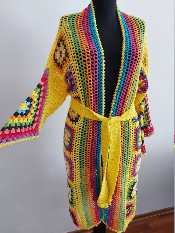 Granny Square Crochet Kimono Cardigan, Handmade Afghan Cotton Coat,  Patchwork Yellow Jacket, Bohemian Long Kimono Cardigan, Gift for Her -   Canada