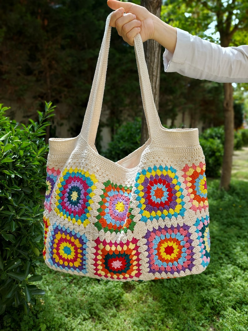 Granny Square Bag, Crochet Handle Bag, Crochet Bag, Boho Bag, Beach Bag, Shoulder Bag, Granny Square Beige Bag, Patchwork Bag, Gift for her image 5