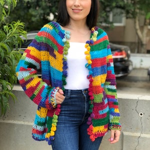 Crochet Multicolor Cardigan, Oversized Knitwear jacket, Wool Knitted Sweater, Boho multicolored Coat , Granny Square Cardigan, Gift for her image 5