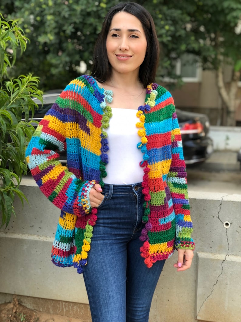 Crochet Multicolor Cardigan, Oversized Knitwear jacket, Wool Knitted Sweater, Boho multicolored Coat , Granny Square Cardigan, Gift for her image 5