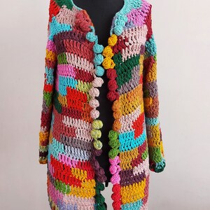 Crochet Multicolor Cardigan, Oversized Knitwear jacket, Wool Knitted Sweater, Boho multicolored Coat , Granny Square Cardigan, Gift for her image 7