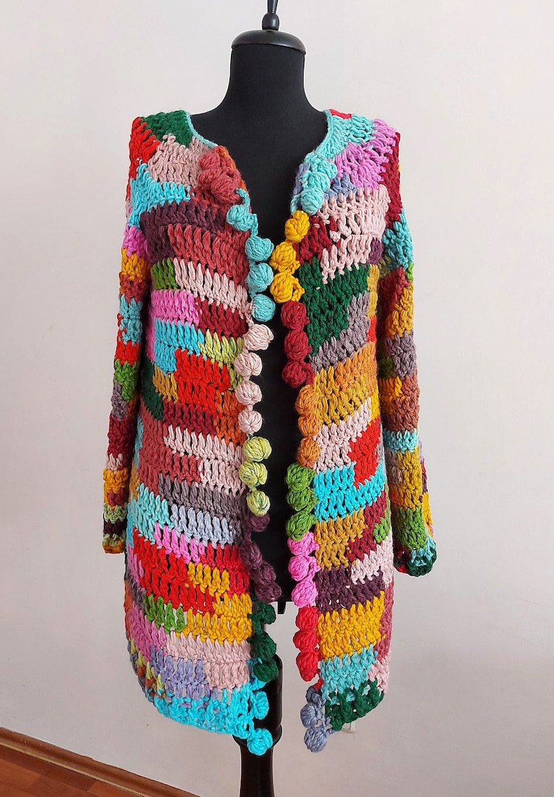 Crochet Multicolor Cardigan, Oversized Knitwear jacket, Wool Knitted Sweater, Boho multicolored Coat , Granny Square Cardigan, Gift for her image 7