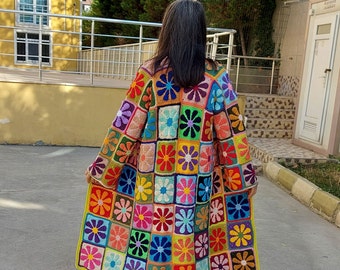 for Women Crochet Sweater, Colorful Jacket, Granny Square Long Cardigan, Patchwork Sweater, Crochet Boho Coat, Granny Square Afghan Coat