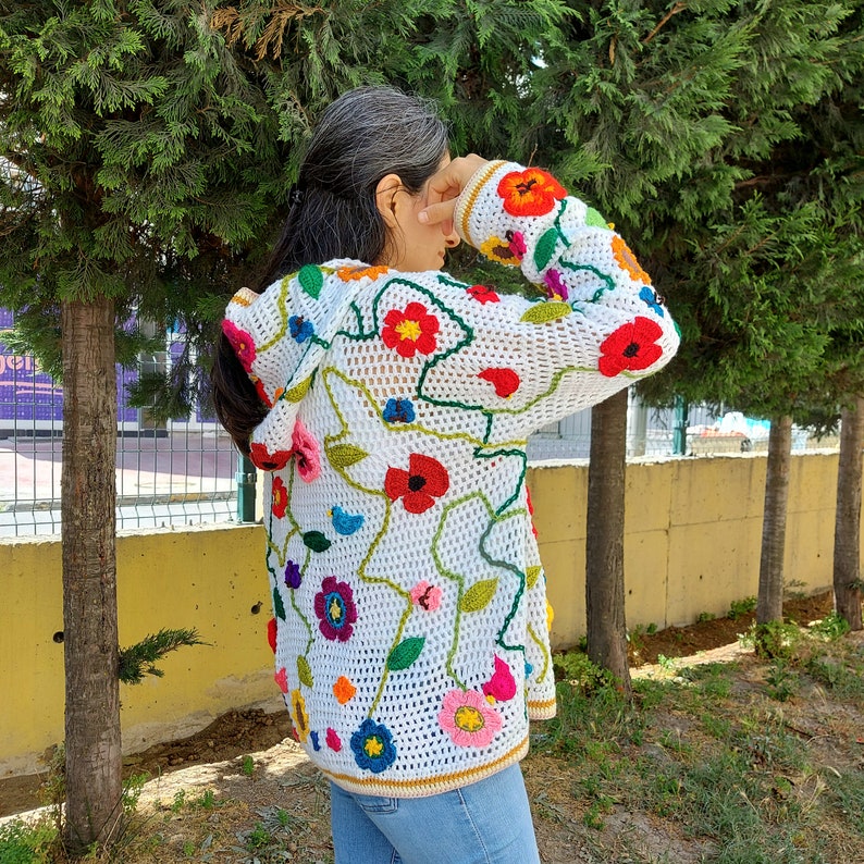 Hooded Crochet Jacket, White Boho Coat, Floral Women's Jacket, Granny Square Sweater, Maxiplus Patchwork Cardigan, Festival Coat, Gift her image 3