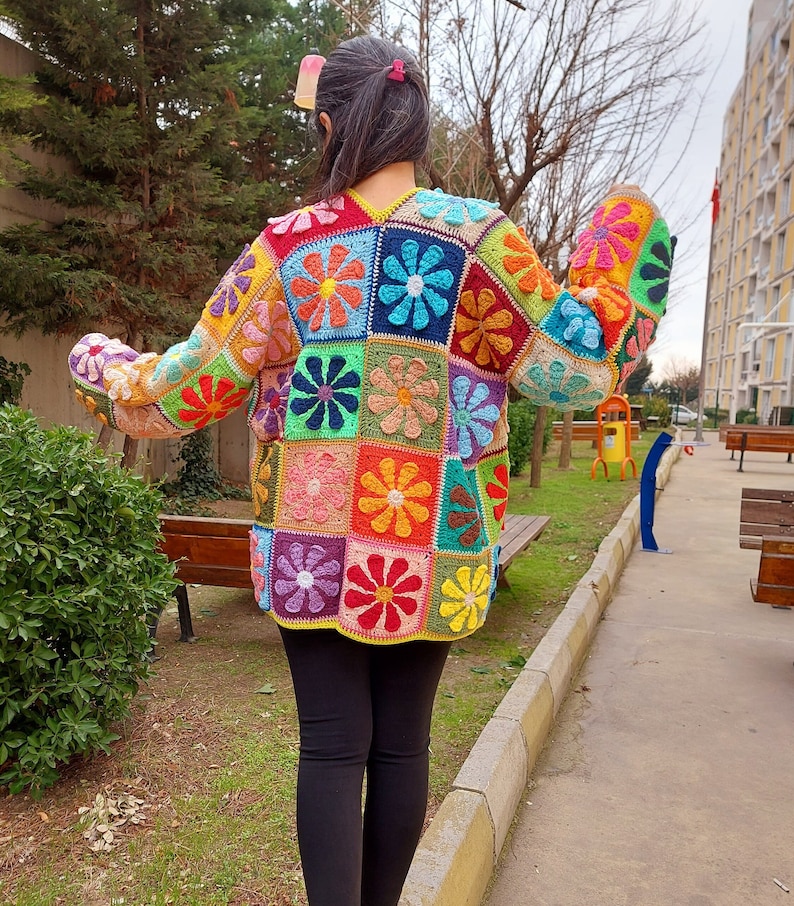 Crochet Granny Square Cardigan, Multicolor Patchwork Jacket, Crochet Boho Cardigan, Afghan Coat, Handknit Patchwork Sweater, Gift for her image 1