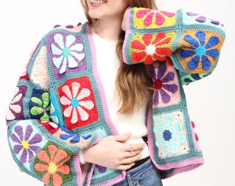 Crochet Boho Sweater,Knit Women Cardigan, Granny Square Afghan Cardigan, Crochet Patchwork Jacket, Handmade Crochet Coat,