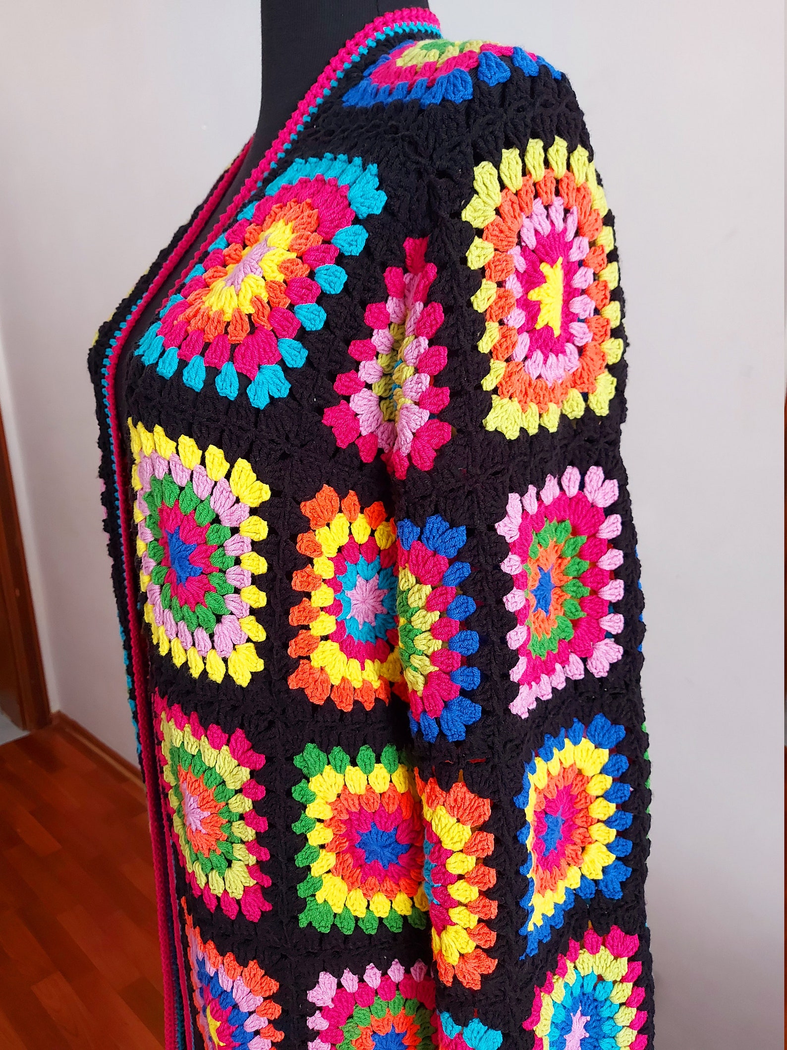 Granny Square Black Long Cotton Cardigan Crochet Afghan - Etsy