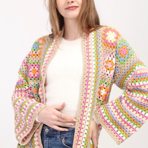 Crocheted Boho Sweater, Beige Crochet Sweater, Granny Square Cardigan, Cotton Patchwork Jacket, Long Afghan Coat, Women's Wear, Gift for her image 6