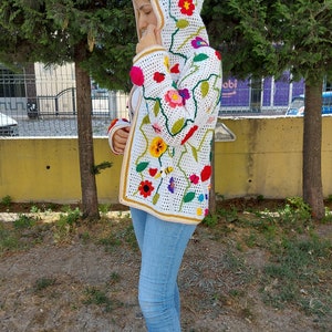 Hooded Crochet Jacket, White Boho Coat, Floral Women's Jacket, Granny Square Sweater, Maxiplus Patchwork Cardigan, Festival Coat, Gift her image 7