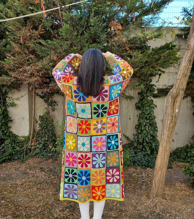 Crochet Patchwork Cardigan, Multicolor Granny Square Jacket, Boho Long Cardigan, Multicolor Maxi Plus Coat, Handknit Women Clothing Sweater, image 3