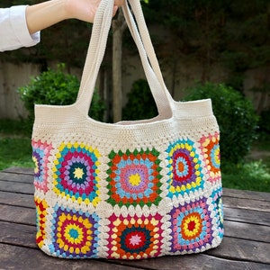 Granny Square Bag, Crochet Handle Bag, Crochet Bag, Boho Bag, Beach Bag, Shoulder Bag, Granny Square Beige Bag, Patchwork Bag, Gift for her image 2