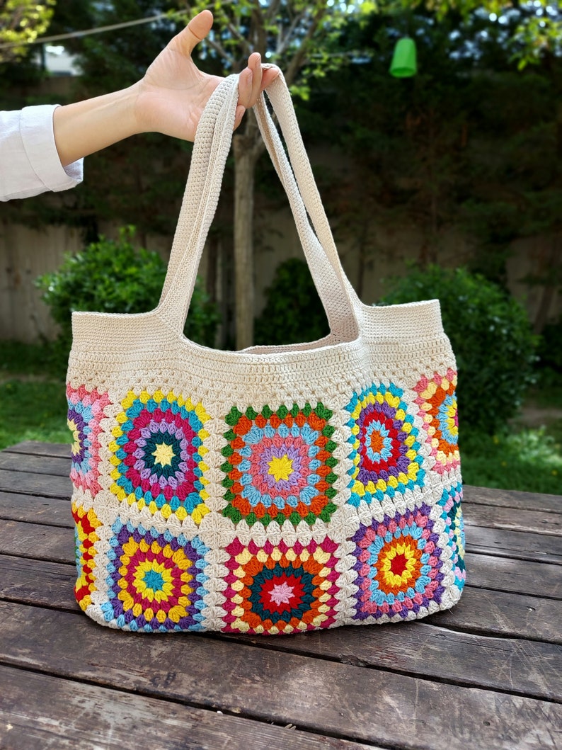 Granny Square Bag, Crochet Handle Bag, Crochet Bag, Boho Bag, Beach Bag, Shoulder Bag, Granny Square Beige Bag, Patchwork Bag, Gift for her image 9
