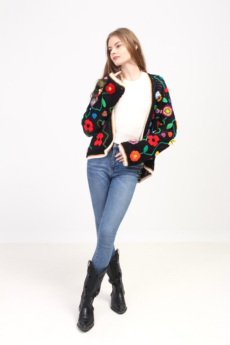 Crochet Jacket, Hooded Black Sweater, Crochet Hooded Coat, Floral Sweater, for Woman Hooded Jacket, Cotton Boho Cardigan, Knitwear Sweater image 6