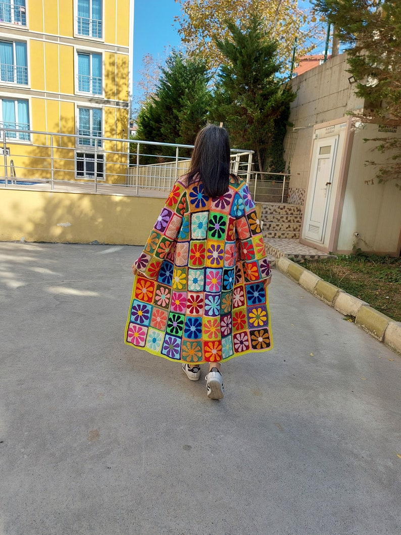 Crochet Granny Square Cardigan, Patchwork Cotton Jacket, Crochet Boho Coat, Multicolor Granny Square Sweater, Maxi Plus Cotton Sweater image 1