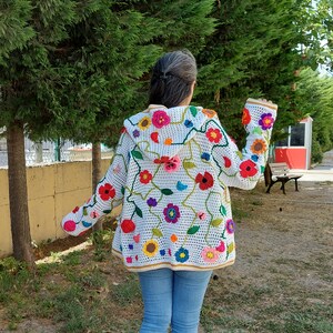 Hooded Crochet Jacket, White Boho Coat, Floral Women's Jacket, Granny Square Sweater, Maxiplus Patchwork Cardigan, Festival Coat, Gift her image 2