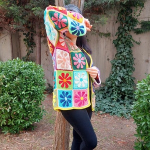 Crochet Granny Square Cardigan, Multicolor Patchwork Jacket, Crochet Boho Cardigan, Afghan Coat, Handknit Patchwork Sweater, Gift for her image 5