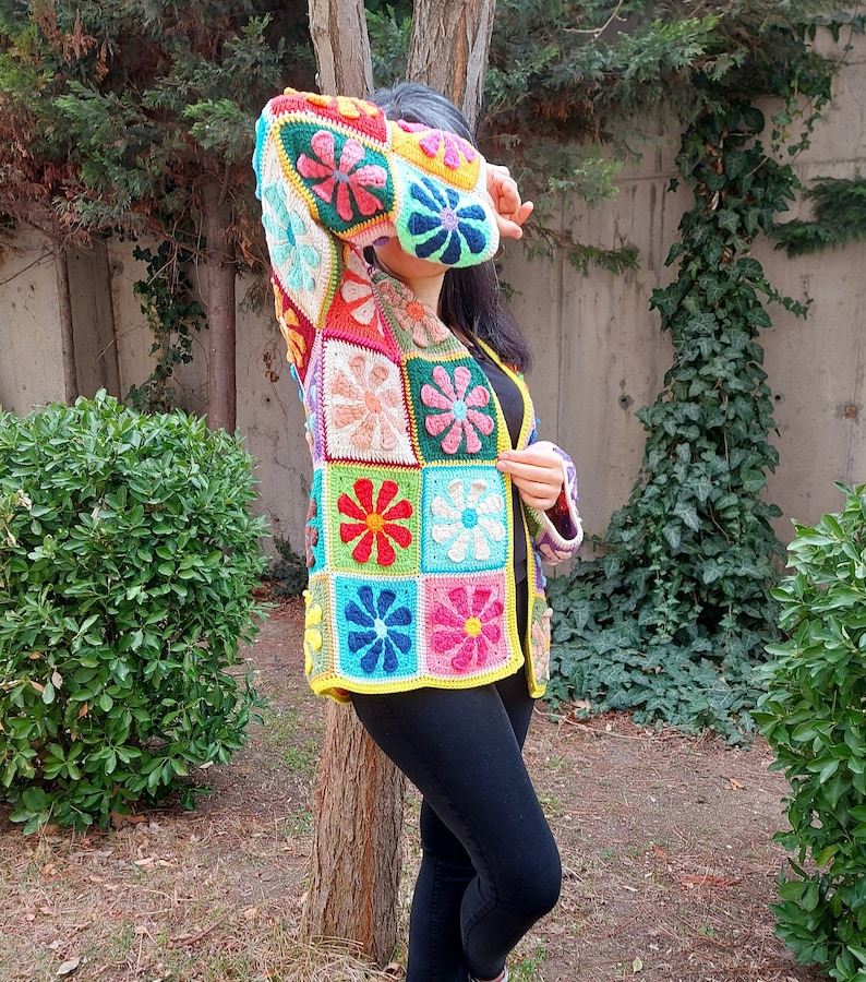 Crochet Granny Square Cardigan, Multicolor Patchwork Jacket, Crochet Boho Cardigan, Afghan Coat, Handknit Patchwork Sweater, Gift for her image 5