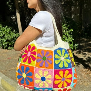 Granny Square Bag, Floral Bag, Multicolor Bag, Patchwork Bag, Crochet Bag, Boho Bag, Shoulder Bag, for Women Bag, Summer Bag, Gift for her image 8
