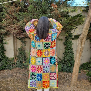 Crochet Granny Square Cardigan, Patchwork Cotton Jacket, Crochet Boho Coat, Multicolor Granny Square Sweater, Maxi Plus Cotton Sweater image 5