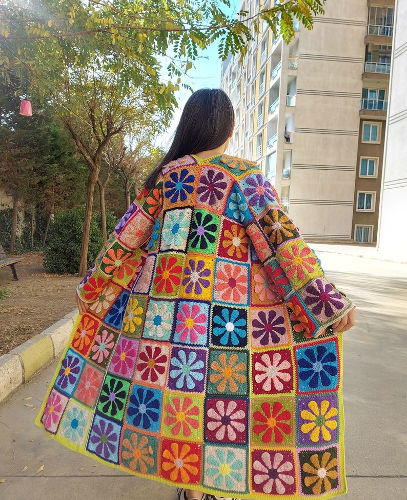 Crochet Granny Square Cardigan, Patchwork Cotton Jacket, Crochet Boho Coat, Multicolor Granny Square Sweater, Maxi Plus Cotton Sweater image 7