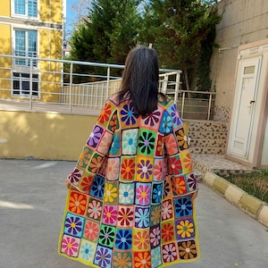 Crochet Patchwork Cardigan, Multicolor Granny Square Jacket, Boho Long Cardigan, Multicolor Maxi Plus Coat, Handknit Women Clothing Sweater, image 4