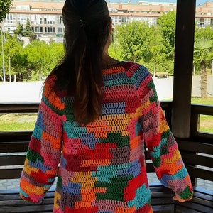 Crochet Multicolor Cardigan, Oversized Knitwear jacket, Wool Knitted Sweater, Boho multicolored Coat , Granny Square Cardigan, Gift for her image 6