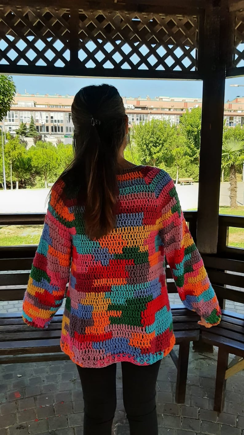 Crochet Multicolor Cardigan, Oversized Knitwear jacket, Wool Knitted Sweater, Boho multicolored Coat , Granny Square Cardigan, Gift for her image 6